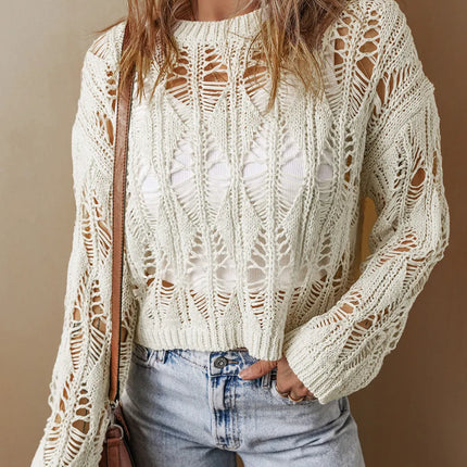 Cutout Round Neck Long Sleeve Knit Cover Up