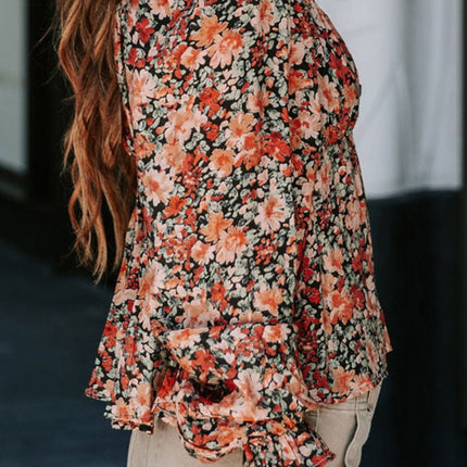 Peplum Tied Flora Long Sleeve Blouse