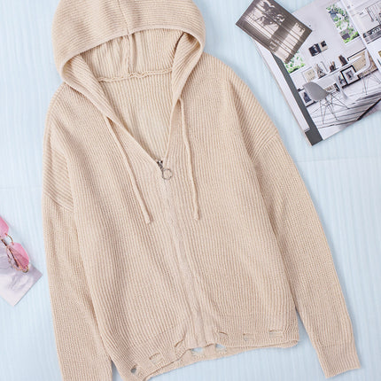 Distressed Zip Up Drawstring Hooded Cardigan