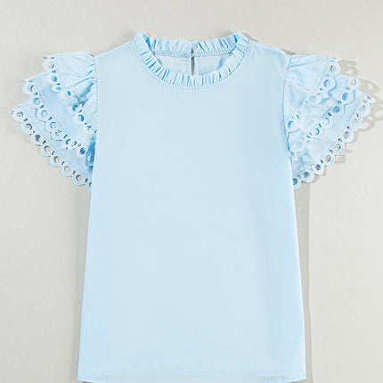 Ruffled Eyelet Round Neck Cap Sleeve Blouse