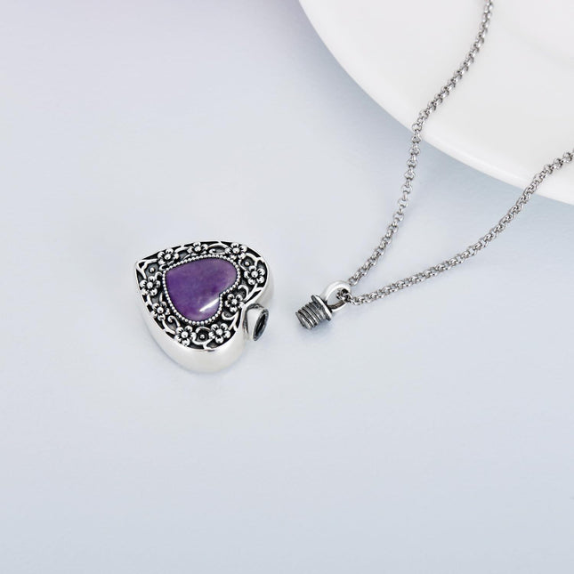 925 Sterling Silver Purple Amethyst Heart Cremation Urn Pendant Necklace with Funnel and Fill Tool - Memorial Keepsake Jewelry