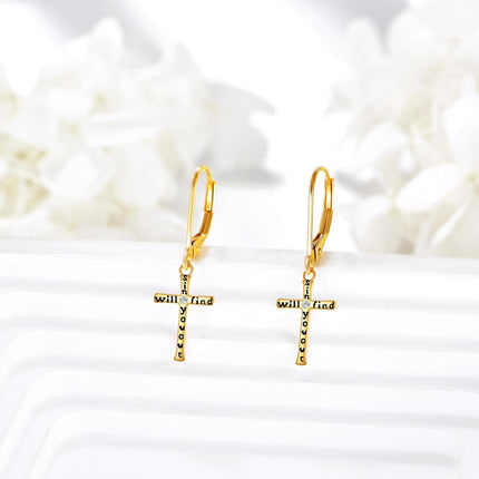 14K Gold Religious Cross Dangle Earrings - Christian Baptism Communion Gift for Women