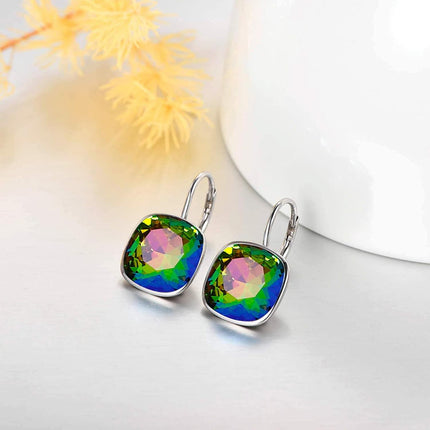 925 Sterling Silver Green Cushion Cut Austrian Crystal Leverback Earrings Hypoallergenic Gift for Her