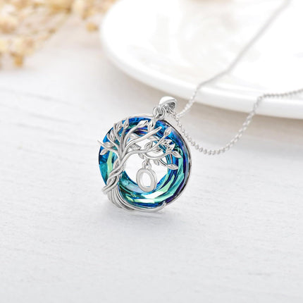 925 Sterling Silver Blue Crystal Tree of Life Initial Necklace Family Letter Pendant Birthday Mother s Day Gifts for Her