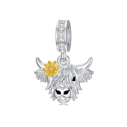 925 Sterling Silver Highland Cow Pendant Charm with Flower Accents for Bracelet Necklace Crafting Supplies Jewelry Making DIY Gifts 38x46mm