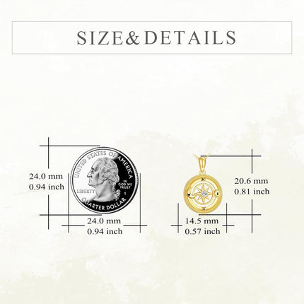 14K Gold Compass Pendant Necklace with Diamond Accent and Moon Phase Design for Women (Length: 36)
