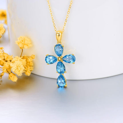 14K Gold Natural Blue Topaz Flower Pendant Necklace for Women 18 Chain Christian Gifts
