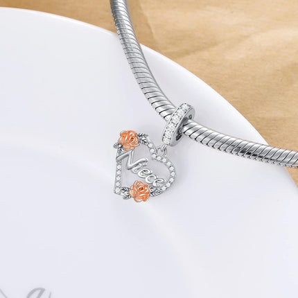 925 Sterling Silver Rose Flower Heart Dangle Charm for Bracelet - Aunt & Niece