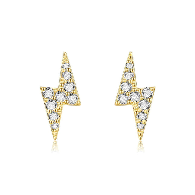 14K Gold Lightning Bolt CZ Stud Earrings for Women Girls