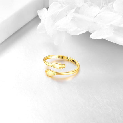 18K Gold Plated Hand Shape Open Adjustable Ring with Just Breathe Engraving - Valentines Day Gifts for Her