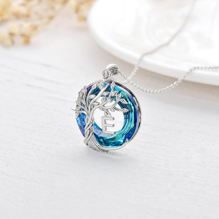 925 Sterling Silver Blue Crystal Tree of Life Initial Necklace Family Letter Pendant Birthday Mother s Day Gifts for Her