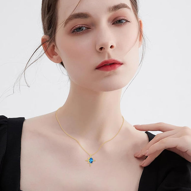 14K Gold Blue Topaz Star Pendant Necklace for Women Birthdays Gifts