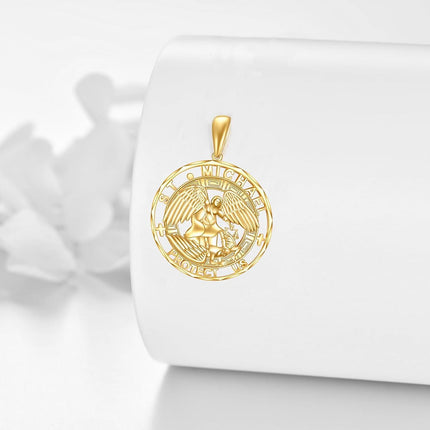 14K Gold St Michael Angel Protect Us Religious Pendant Necklace for Men & Women
