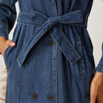 Double-Breasted Belted Longline Denim Jacket