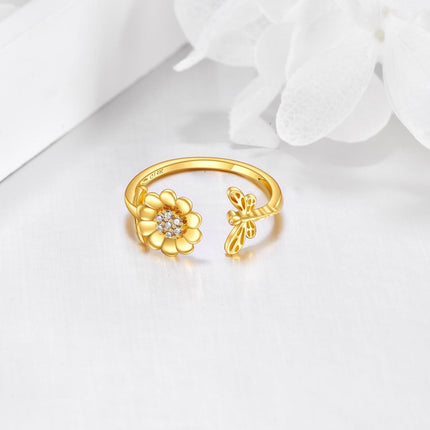 14K Gold Adjustable Bee and Daisy Flower Open Ring  for Women Her