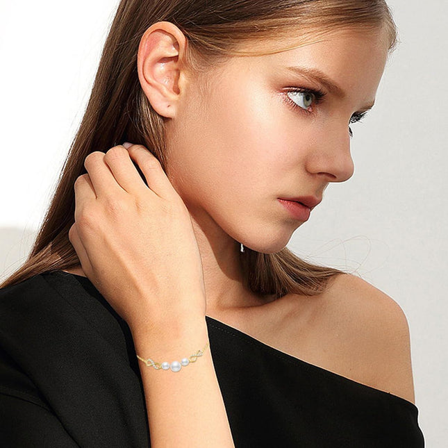 14K Gold Infinity Pearls & Cubic Zirconia Charm Bracelet for Women - Adjustable Size (7-9)
