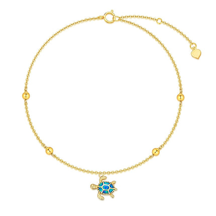 14K Gold Blue Opal Sea Turtle Charm Ankle Anklet for Women - Adjustable Size