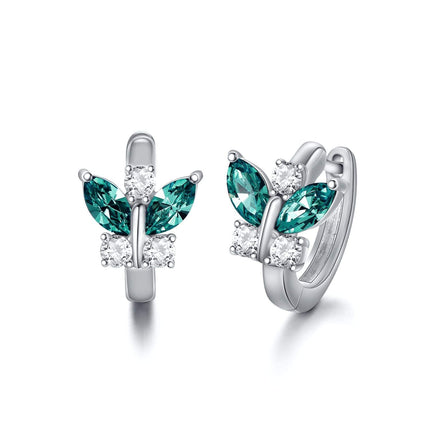 925 Sterling Silver Blue Simulated Aquamarine Crystal Butterfly Huggie Earrings