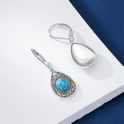 925 Sterling Silver Genuine Turquoise Teardrop Filigree Leverback Dangle Earrings