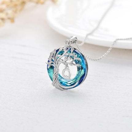 925 Sterling Silver Blue Crystal Tree of Life Initial Necklace Family Letter Pendant Birthday Mother s Day Gifts for Her