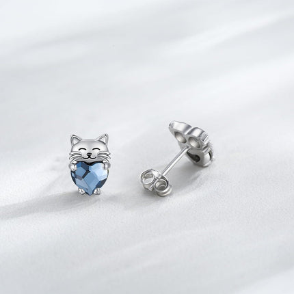 925 Sterling Silver Heart-Shaped Blue Crystal Cat Stud Earrings - Adorable Kitty  for Her