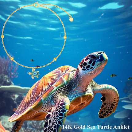 14K Gold Blue Opal Sea Turtle Charm Ankle Anklet for Women - Adjustable Size