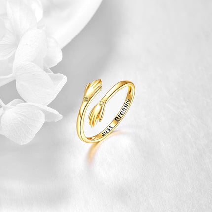 18K Gold Plated Hand Shape Open Adjustable Ring with Just Breathe Engraving - Valentines Day Gifts for Her