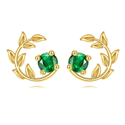 14K Gold Emerald Green CZ Leaves Stud Earrings for Women