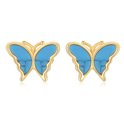 14K Gold Turquoise and Blue Opal Butterfly Stud Earrings for Women
