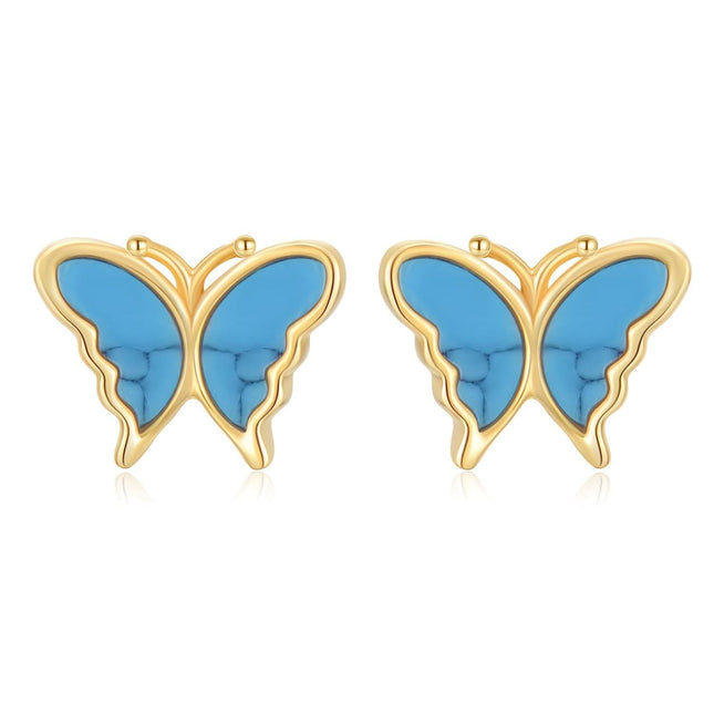 14K Gold Turquoise and Blue Opal Butterfly Stud Earrings for Women