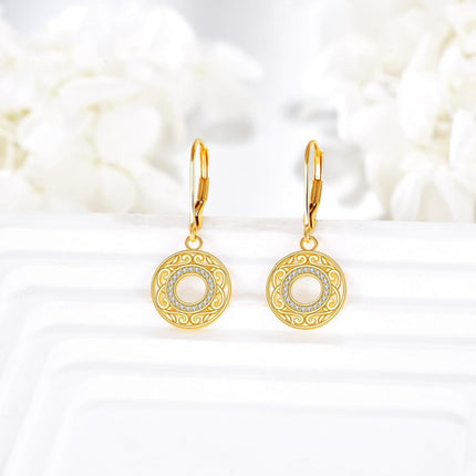 14k Gold Round Hollow Out Flower Shape Crystal Leverback Earrings for Women Girls