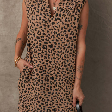 Leopard Johnny Collar Sleeveless Mini Dress