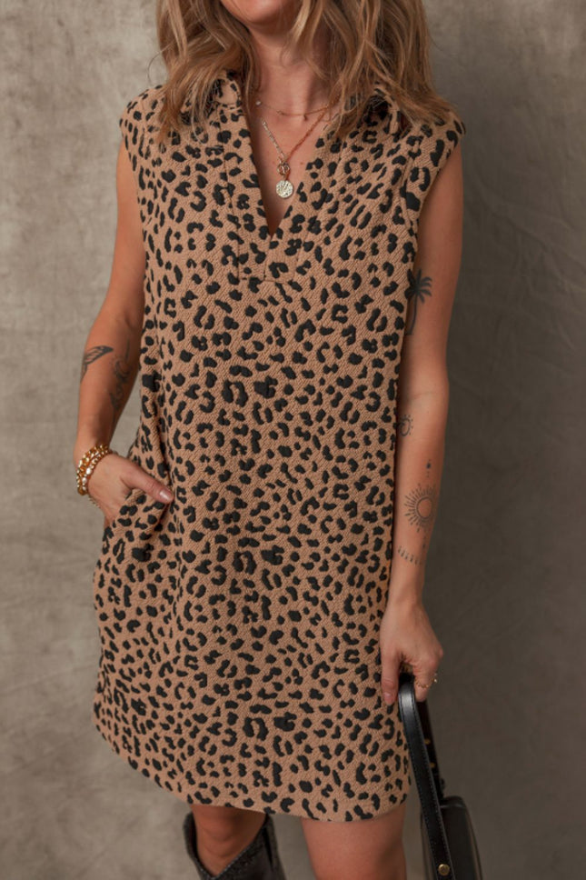 Leopard Johnny Collar Sleeveless Mini Dress