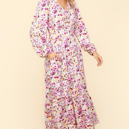 Haptics Full Size Floral V-Neck Long Sleeve Dress with Side Pockets