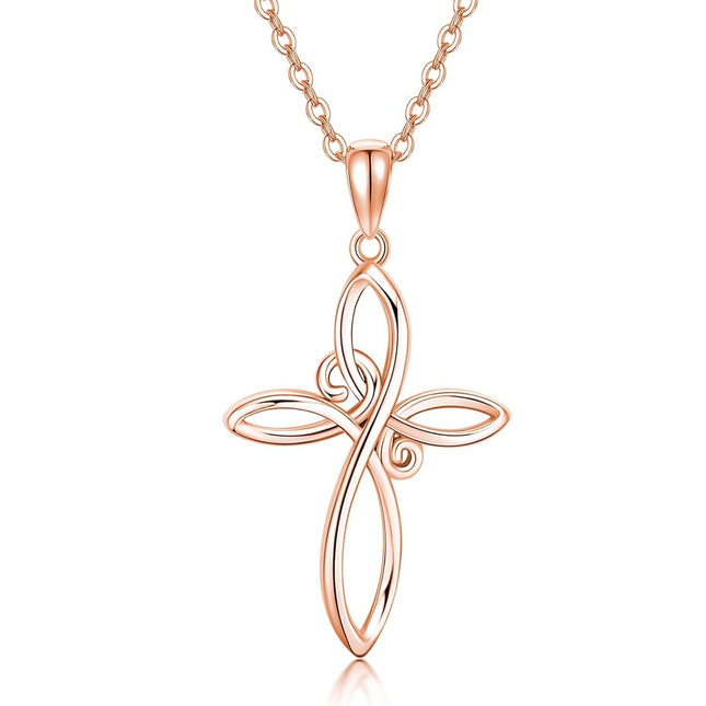 14K Rose Gold Celtic Knot Cross Pendant Necklace for Women with Chain - Length: 37cm (Adjustable)