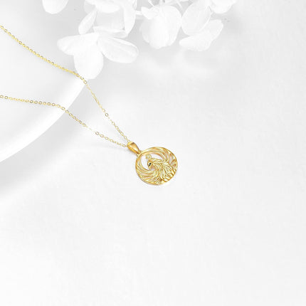 14K Gold Round Cutout Phoenix Bird Charm Pendant Necklace for Women and Girls