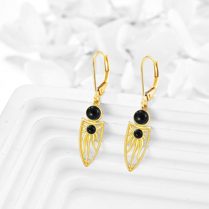 10K Gold Black Onyx Owl Shape Filigree Boho Leverback Earrings