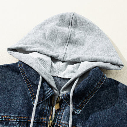 Fake Two-Piece Hooded Zip-Up Denim Jacket