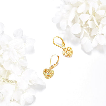 14K Gold Filigree Heart Shape Dangle Drop Leverback Earrings for Women