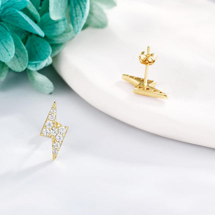 14K Gold Lightning Bolt CZ Stud Earrings for Women Girls