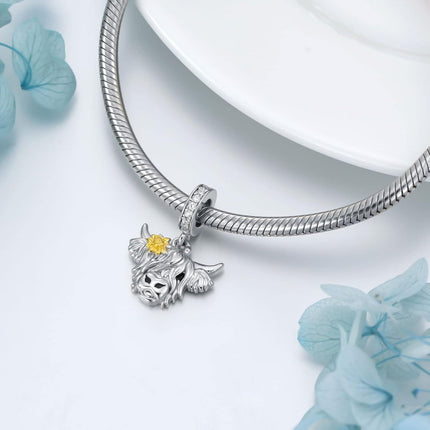 925 Sterling Silver Highland Cow Pendant Charm with Flower Accents for Bracelet Necklace Crafting Supplies Jewelry Making DIY Gifts 38x46mm