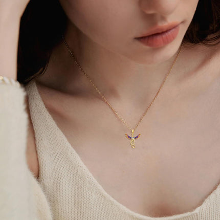 14K Gold Enamel Phoenix Pendant Necklace with Stones - Unique Nirvana Bird s for Her