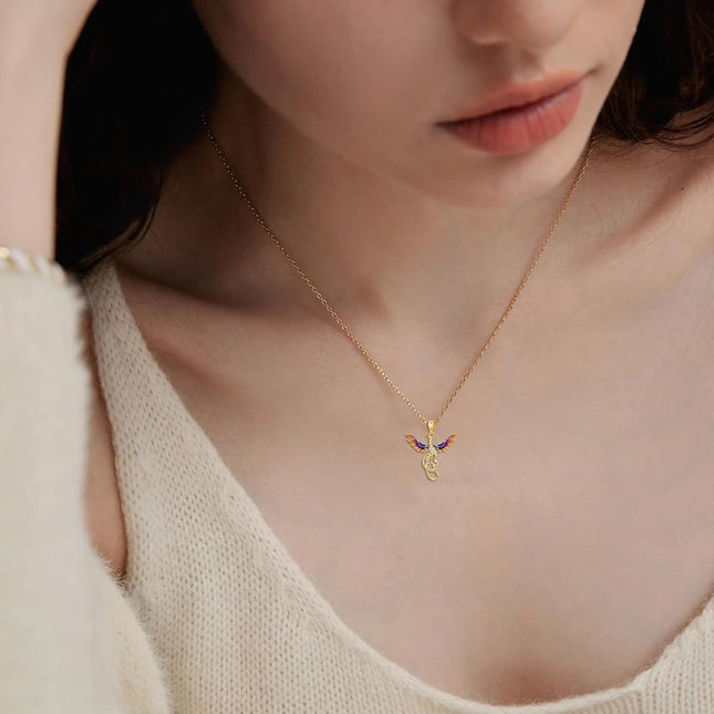 14K Gold Enamel Phoenix Pendant Necklace with Stones - Unique Nirvana Bird s for Her