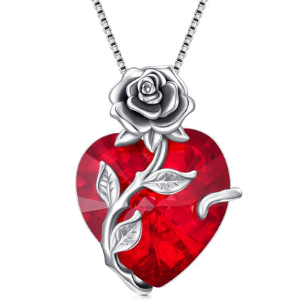 925 Sterling Silver Crystal Rose Flower Heart Pendant Necklace