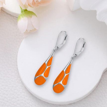925 Sterling Silver Orange Enamel Teardrop Leverback Earrings for Women