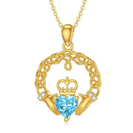 14K Gold Heart-Shaped Blue Crystal Crown and Hands Celtic Knot Claddagh Pendant Necklace for Women