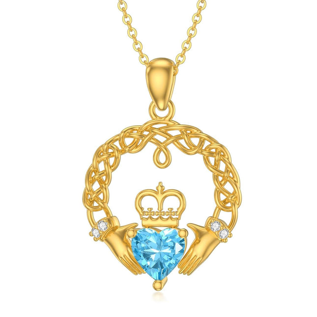 14K Gold Heart-Shaped Blue Crystal Crown and Hands Celtic Knot Claddagh Pendant Necklace for Women