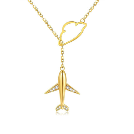 14K Gold & Cubic Zirconia Airplane Necklace - Y-Shaped Travel Pendant with Cloud Charm, Nickel-Free 16mm Airplane 13mm Cloud, 6.5-17 Adjustable Chain