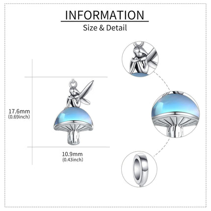 925 Sterling Silver Blue Crystal Mushroom Fairy Pendant Charm Bracelet for Women and Girls