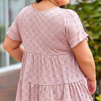 Plus Size Eyelet Round Neck Short Sleeve Blouse